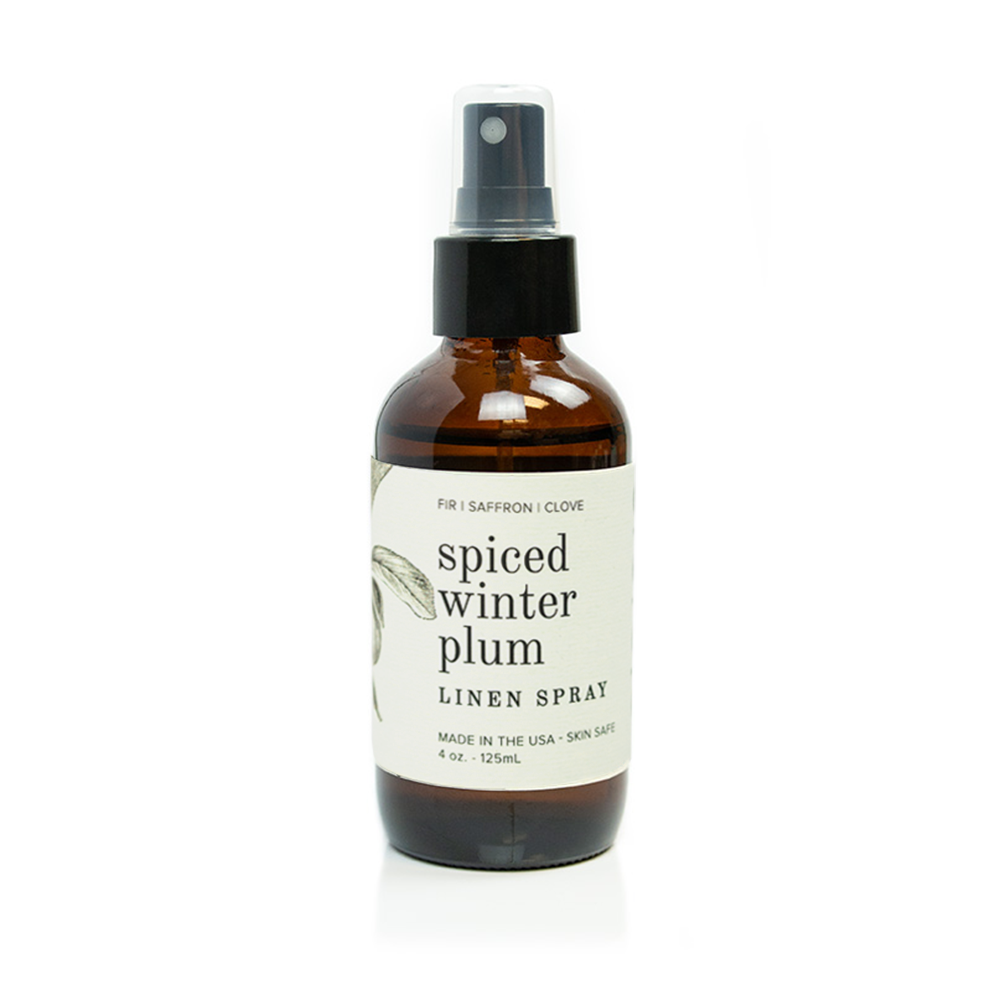 4oz Spiced Winter Plum Linen Spray on white background.