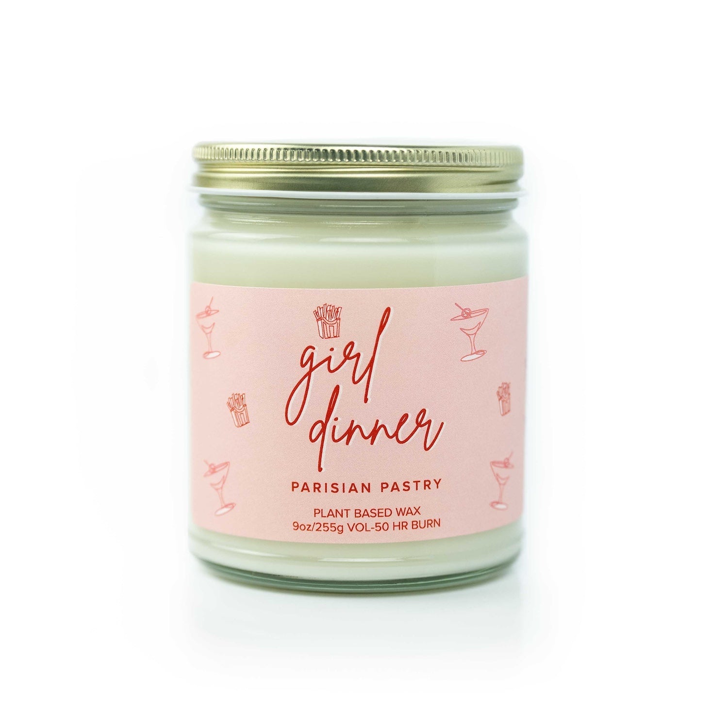 9oz 'Girl Dinner' Soy Candle on white background. 