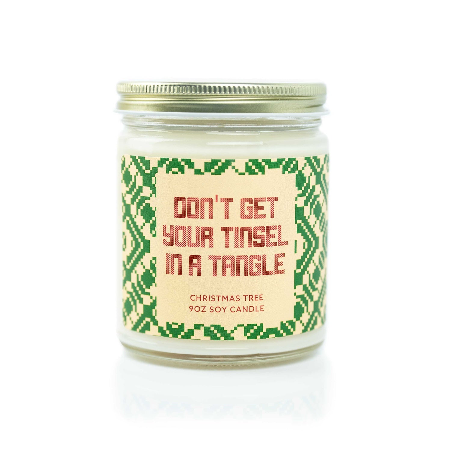 'Don't Get Your Tinsel in a Tangle' 9oz Soy Candle on white background. 