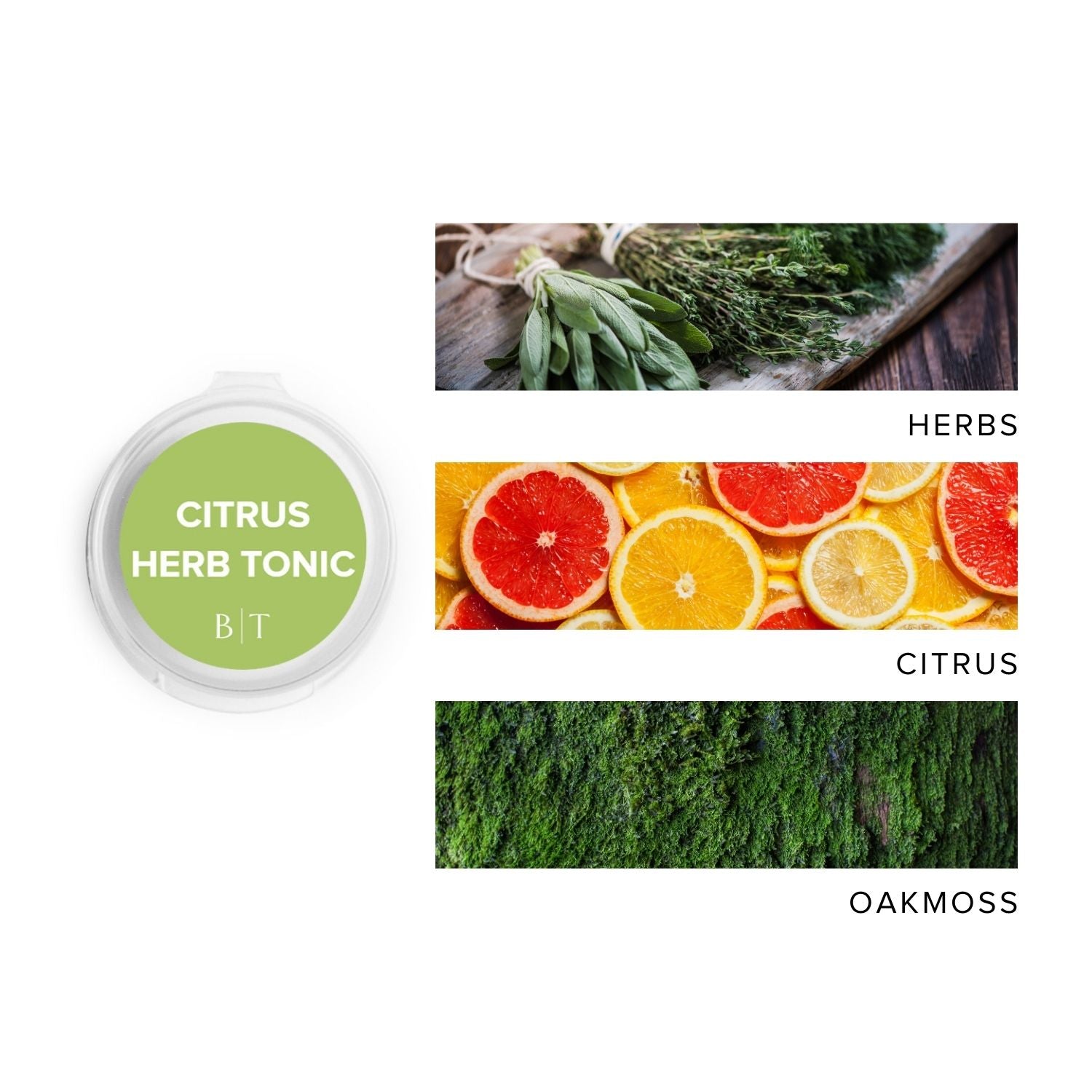 Citrus Herbed Tonic Sniffer Pod next to images of herbs, citrus & oakmoss. 