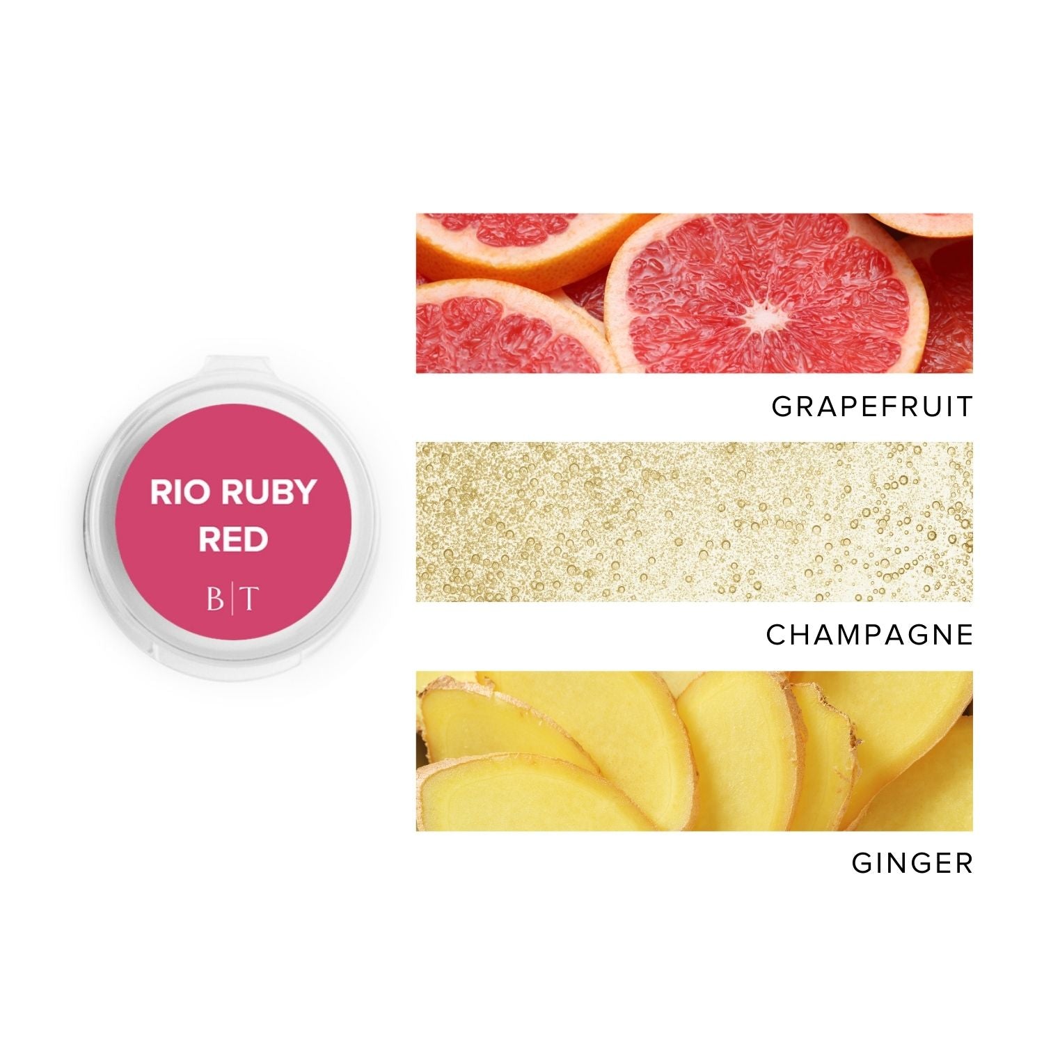 Rio Ruby Red Sniffer Pod next to images of grapefruit, champagne & ginger. 