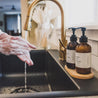 8oz Saguaro Cactus Liquid Soap and 8oz Body Lotion next to a kitchen sink with hands washing. 