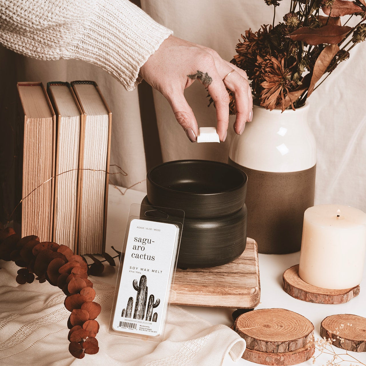 Saguaro Cactus Soy Wax Melt being placed into a black wax melter by a hand. 