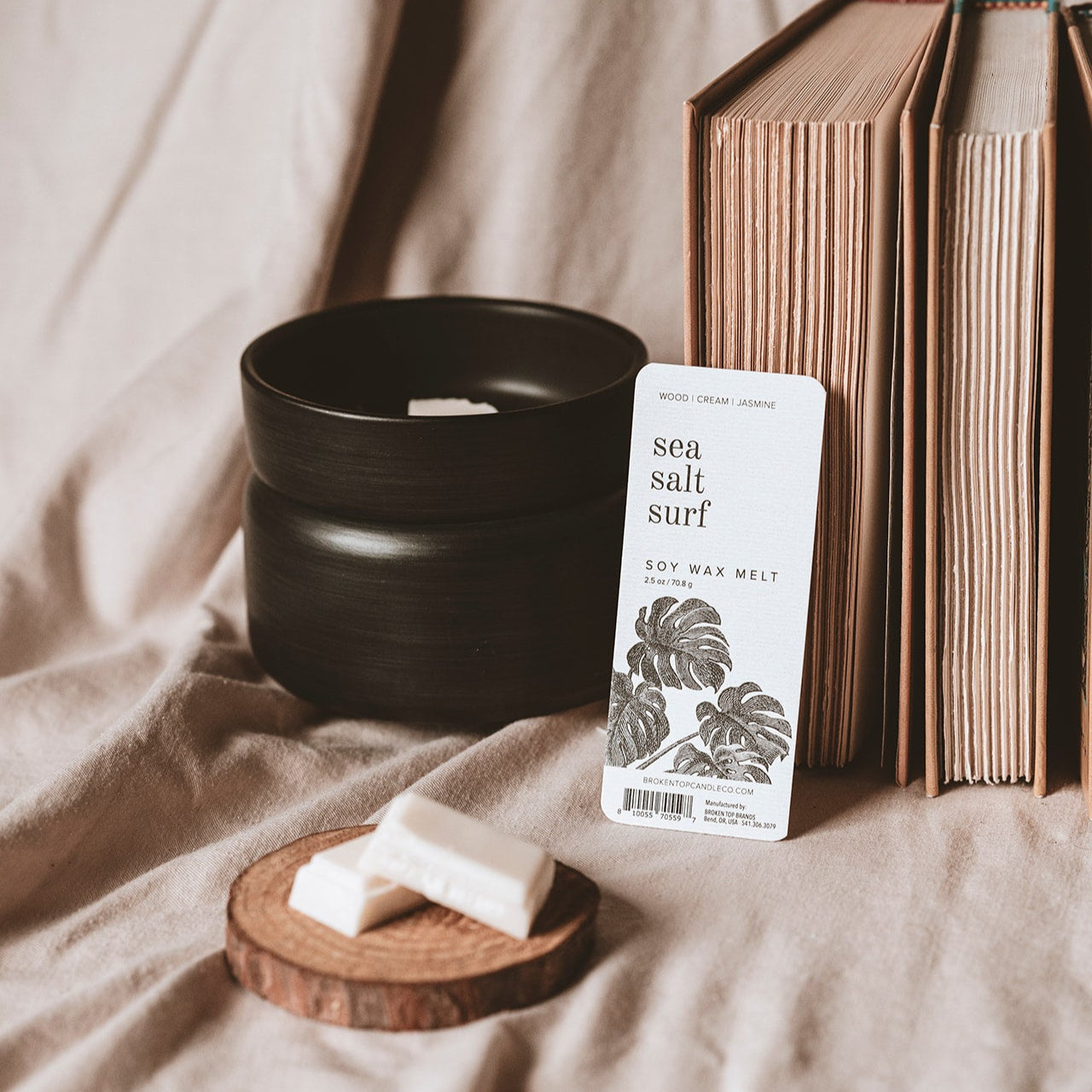 Sea Salt Surf Soy Wax Melt on wooden coaster next to a black wax melter and array of books. 