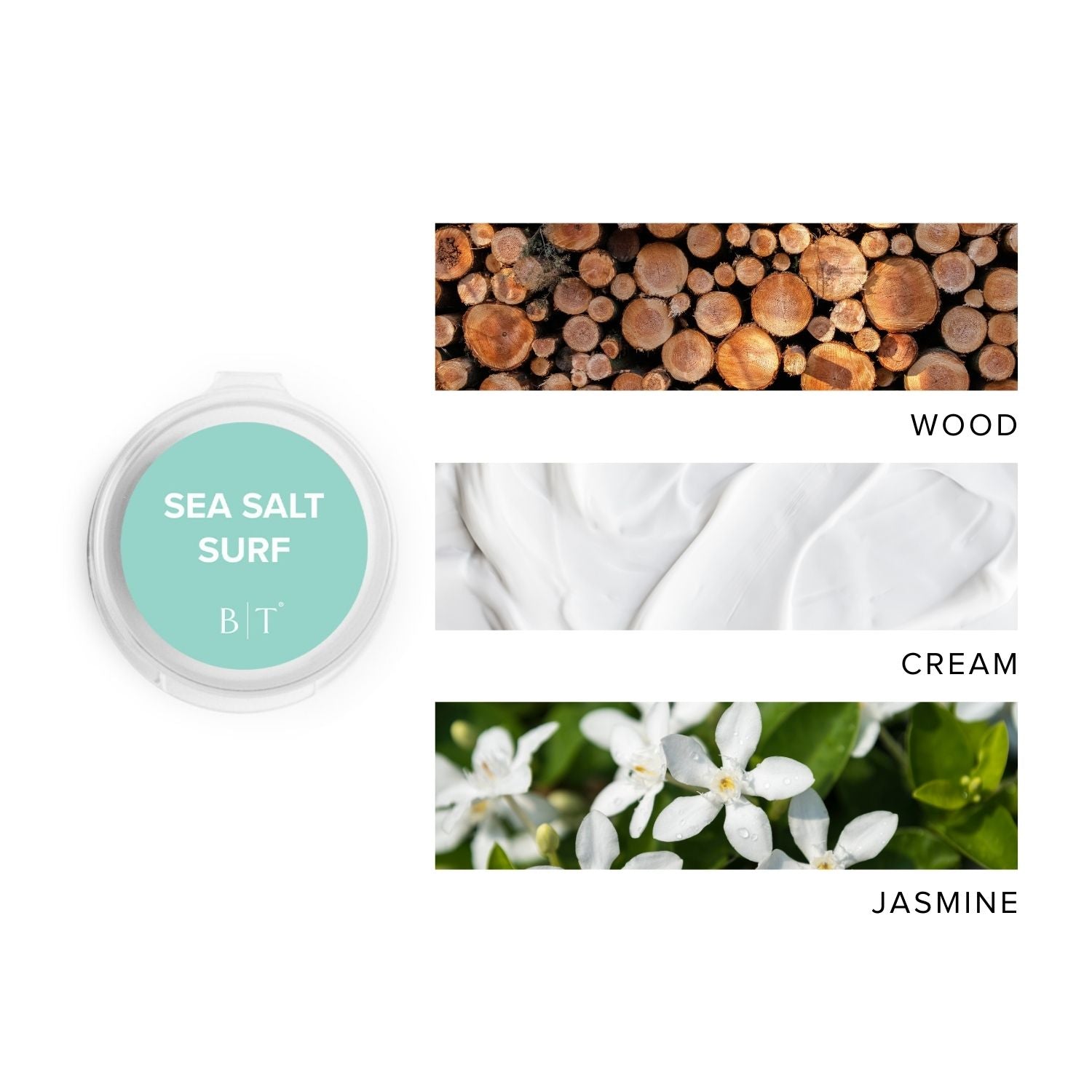 Sea Salt Surf Sniffer Pod next to images of wood, cream & jasmine. 