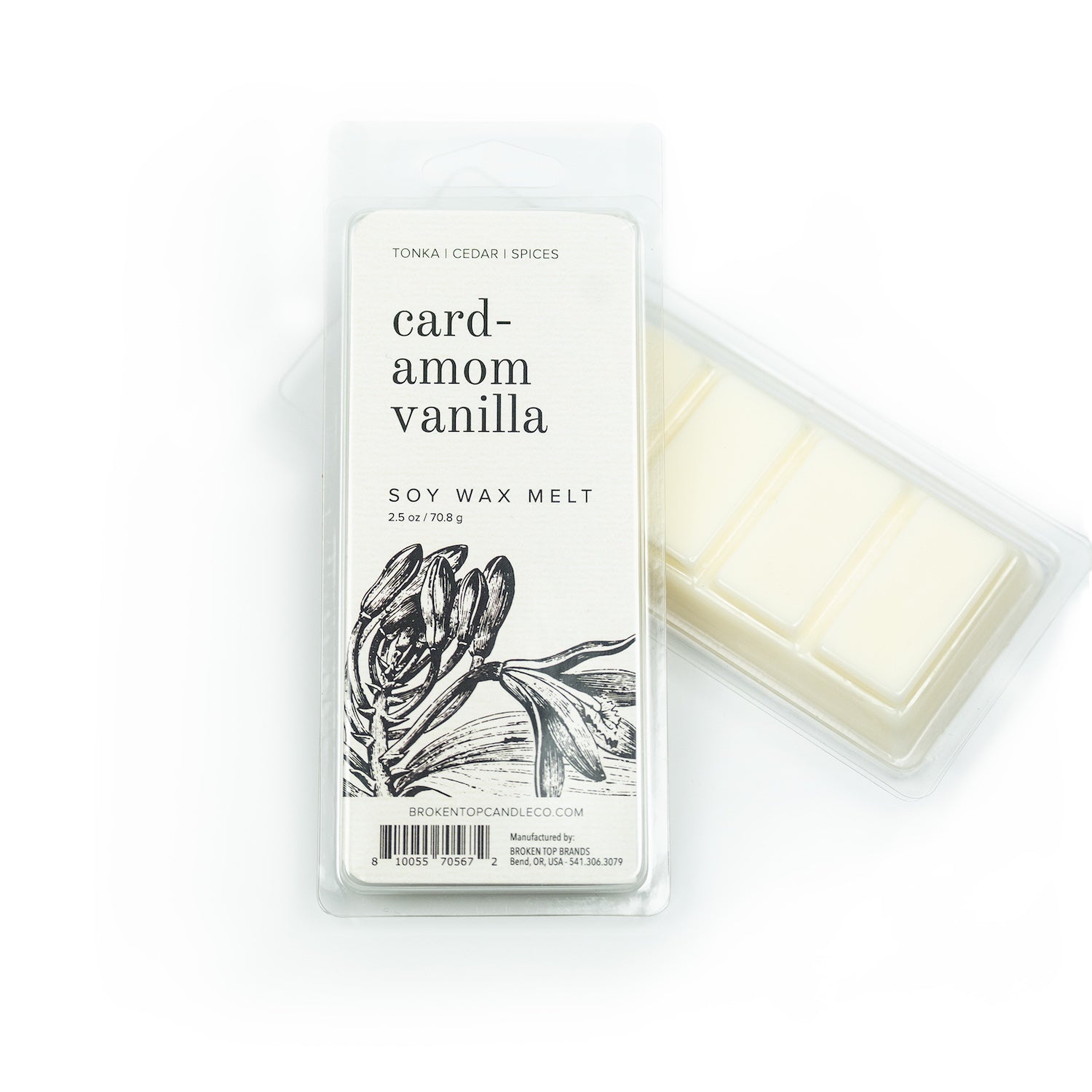 Cardamom Vanilla Soy Wax Melt on white background. 