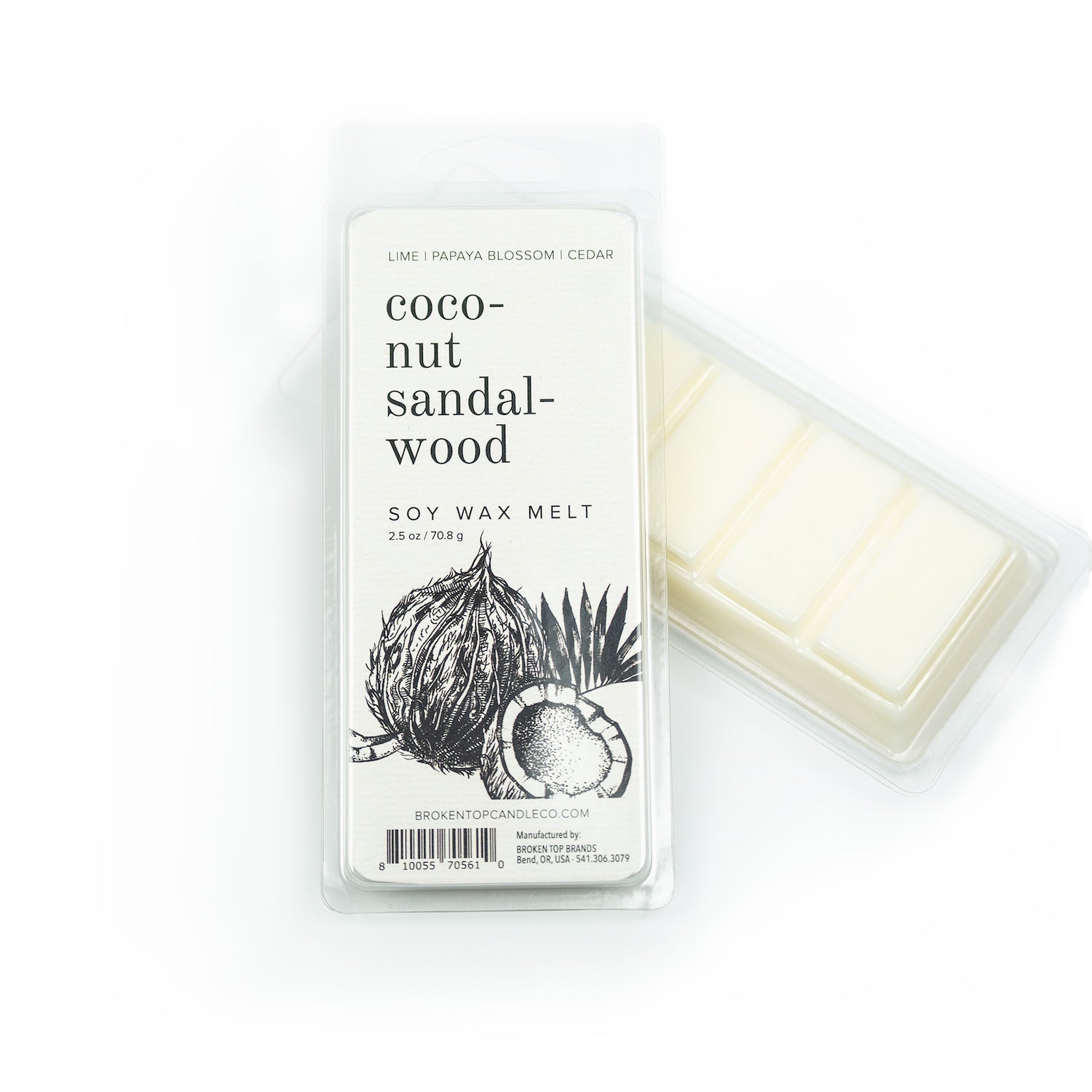 Coconut Sandalwood Soy Wax Melt on white background. 