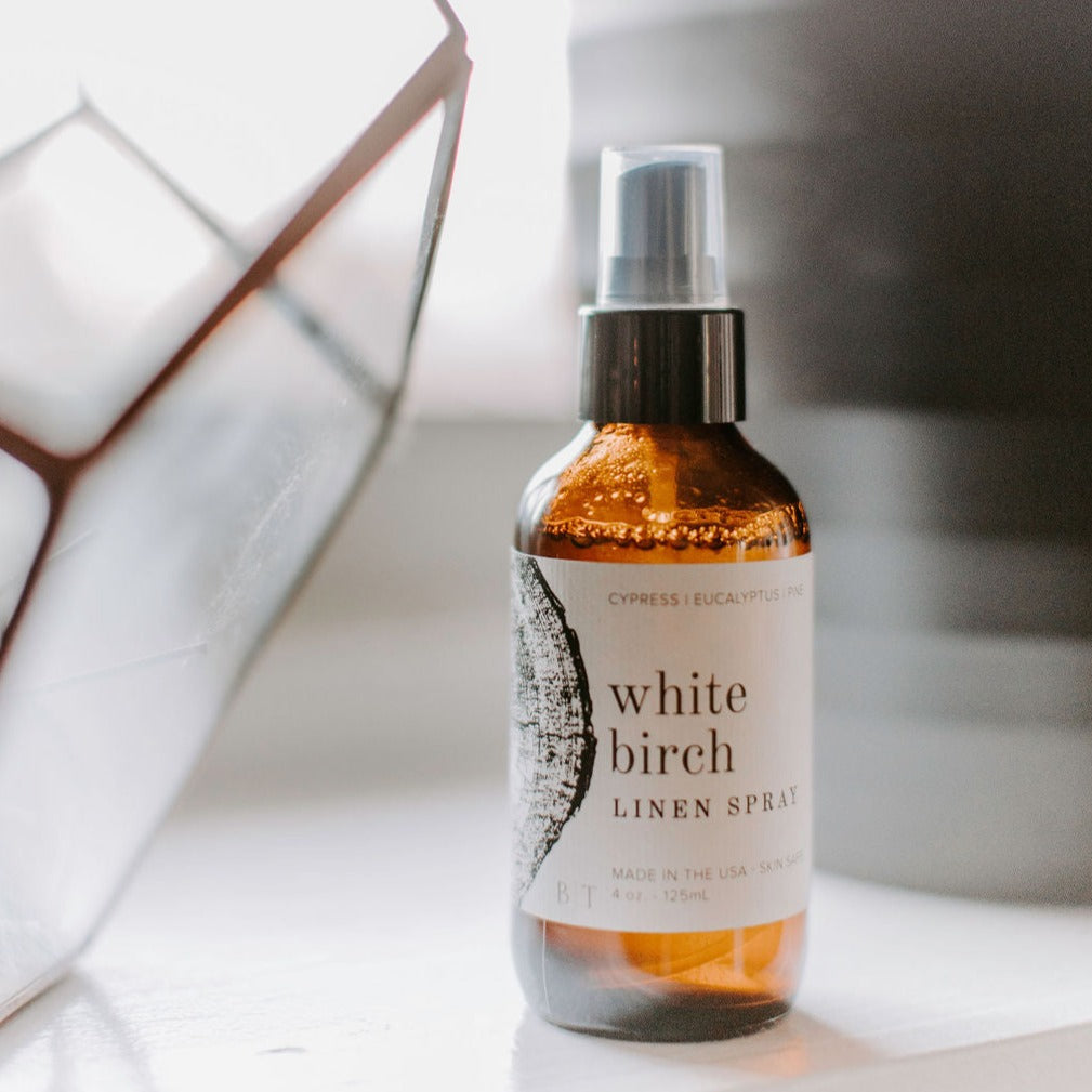 4oz White Birch Linen Spray on countertop. 