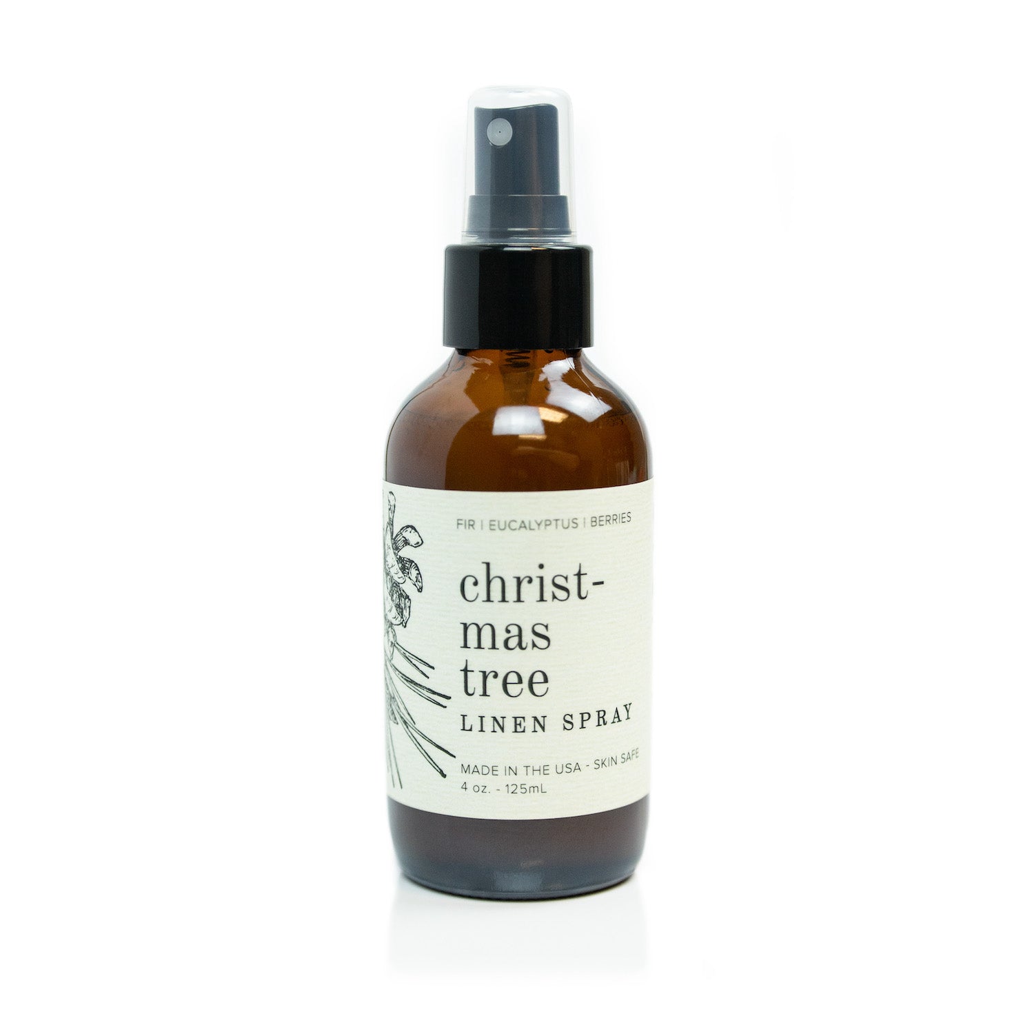 4oz Christmas Tree Linen Spray on white background.